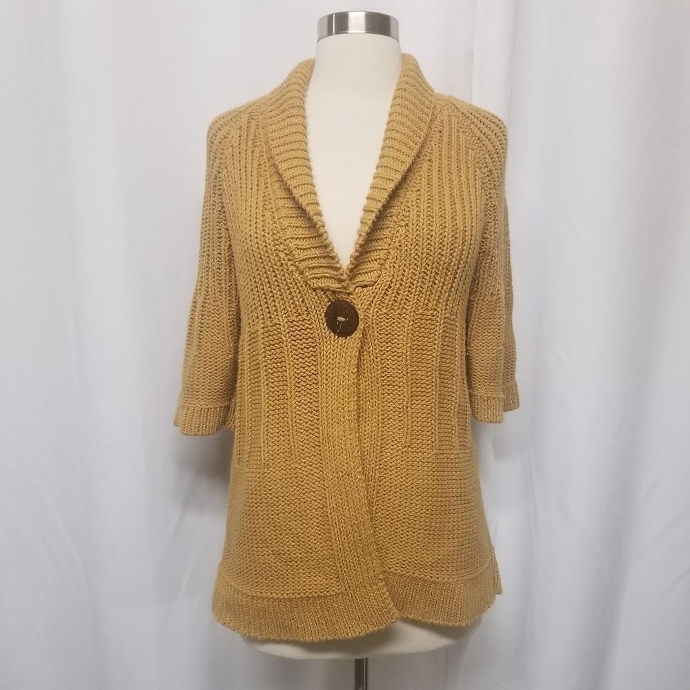 Pure Handknit Yellow Mustard Cotton Button Cardigan Sweater Woman's XS/S‎